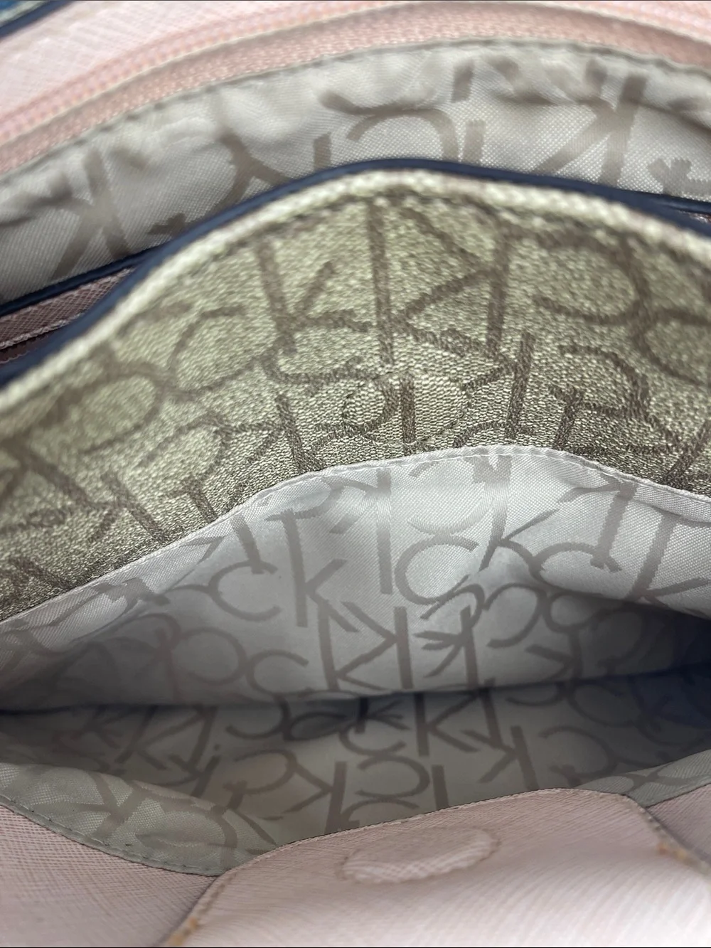 Calvin Klein Beige Monogram Crossbody with Pink Trim